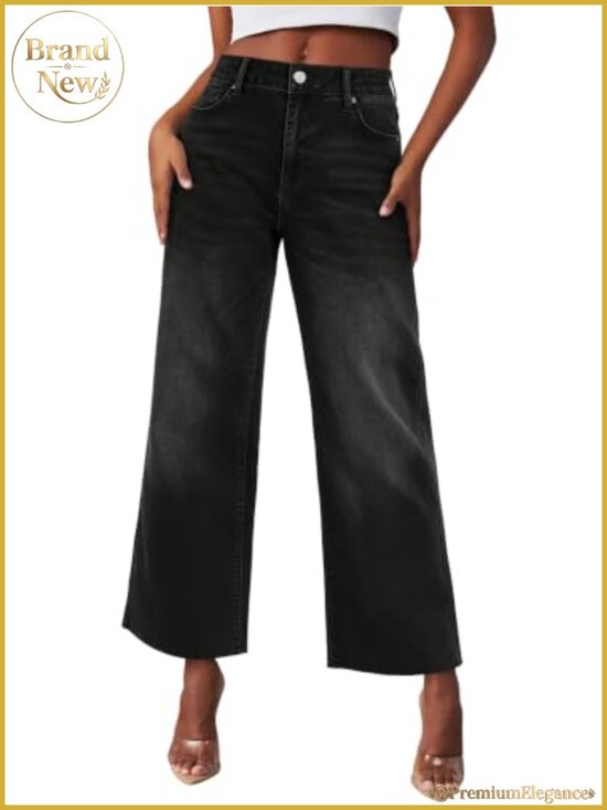 Denim - High Waisted Wide Leg Ripped Cropped Jeans Stretchy with Pockets Denim Pants